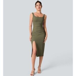 Halara SoftlyZero Midi Dress Size M Square Neck Corset Ruched Bodycon Dress